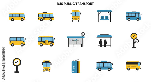 Flat design icons for bus public transport and travel essentials