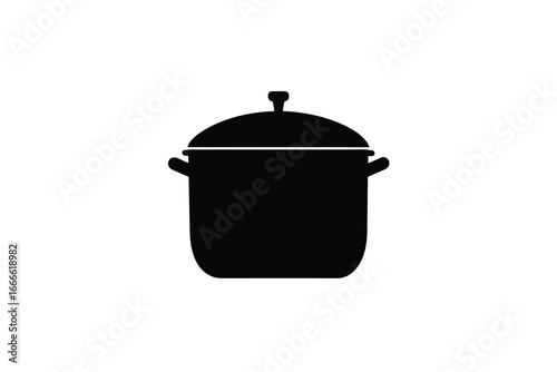 A black silhouette of a covered cooking pot with handles on either side