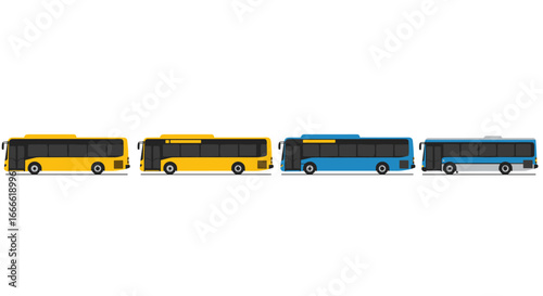 Modern bus fleet collection: yellow and blue city transports in a minimalist…