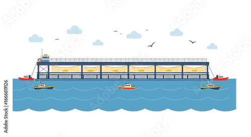Fish farming platform with boats and birds in minimal flat style