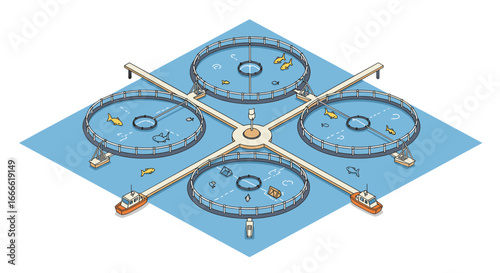 Isometric aquaculture farm with fish tanks and boats for sustainable seafood…