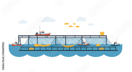 Fish farm in sea with boats and netting in flat design