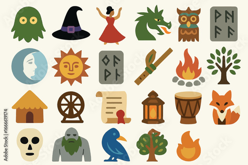 Folklore and Mythology Icon Set with Fantasy Creatures and Symbols