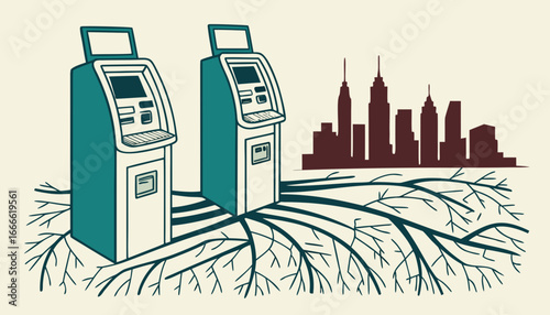 Two atm machines stand in front of a city skyline with roots growing beneath them in a stylized design