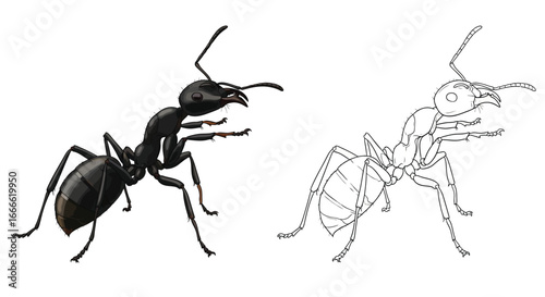 Bullet Ant Coloring Page for Coloring and Study with Full Color Example and Line Art