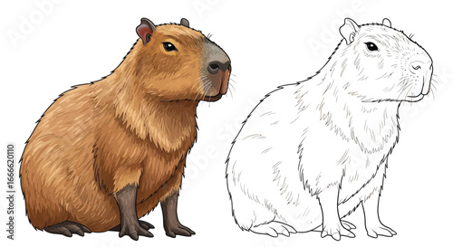 Capybara Pair Coloring Page with One in Color and Detailed Outline Version