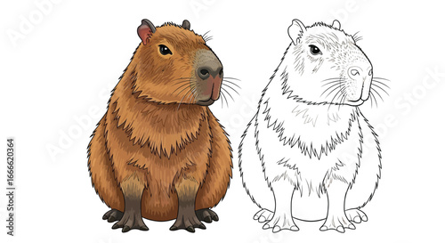 Capybara Pair Mammal Coloring Page with Detailed Line Art and Full Color Example