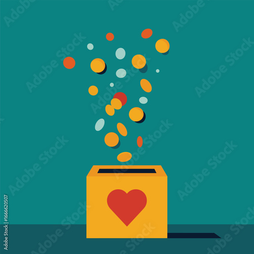 Gold coins cascade into a yellow donation box adorned with a red heart, representing charity and financial contribution.