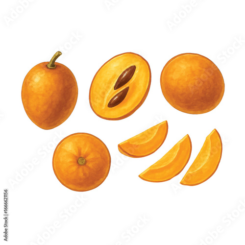 Sapodilla Bundle—Sapodilla, Half of Sapodilla, Slice of Sapodilla. Watercolor Illustration. Design Element. Clip art. Suitable for artwork design.