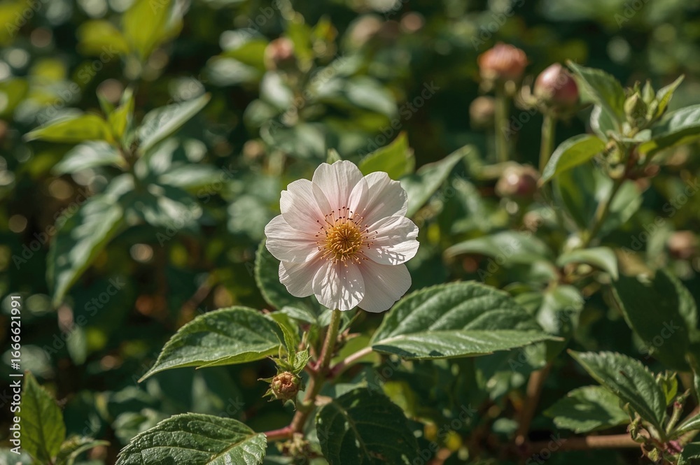 Fototapeta premium Flower of a wild berry shrub in a backyard
