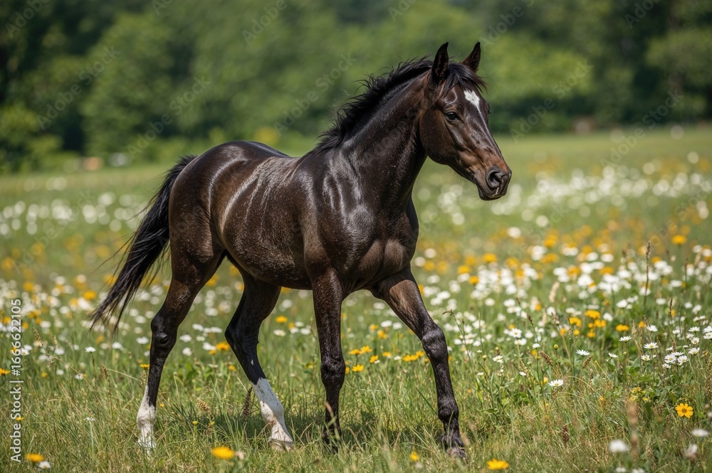 Obraz premium A dark horse strolling through a grassy meadow filled with flowers on a summer day