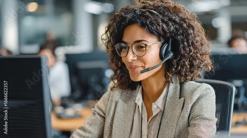 Smiling woman with headset at computer in office, wearing glasses
