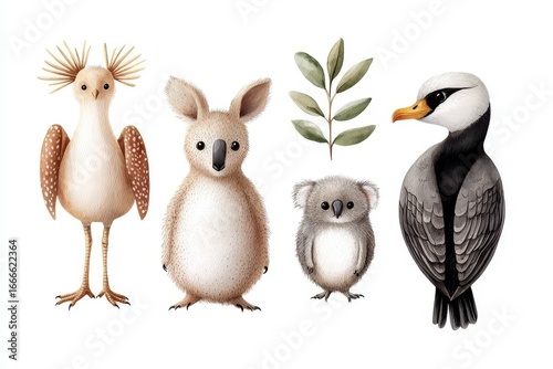 Watercolor australian cartoon kangaroo ostrich Emu. Vibrant wildlife illustration marsupial ratite australian fauna comical drawing painted artwork outback creature avian