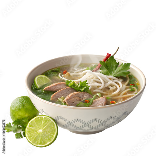 Bowl of flavorful pho with beef and lime isolated on transparent background
