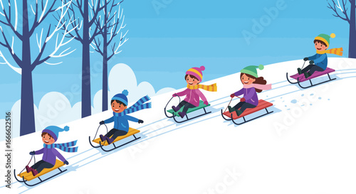 Five kids on sleds enjoy a winter day sliding down a snowy hill with trees and blue sky