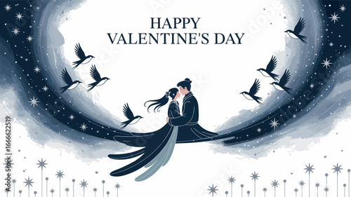 Happy Valentine's Day and Qixi Festival with Romantic Couple and Chinese Wishes
