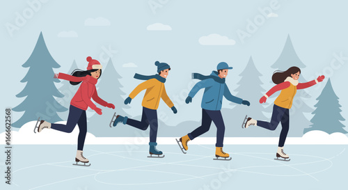 Four people ice skate in a line with snowcovered trees in the background under a light blue sky