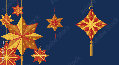 Hanging geometric star ornaments in red yellow and orange hues on a dark blue backdrop
