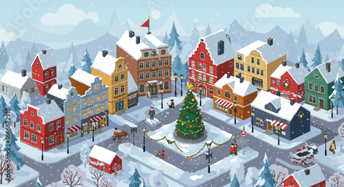 Isometric winter town snowcovered buildings Christmas tree people horsedrawn carriage snowy landscape