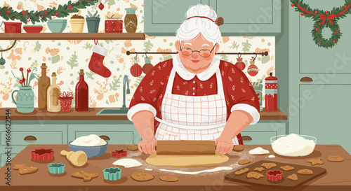 Mrs Claus rolls dough in a festive kitchen surrounded by bowls cookie cutters  baked cookies Christmas wreath visible