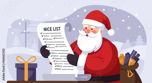 Santa Claus checks his Nice List in a wintery scene with a gift and a bag full of items next to him