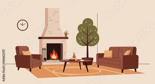 Room scene fireplace sofa chair rug Fire burning clock on wall plant near sofa coffee table books vase