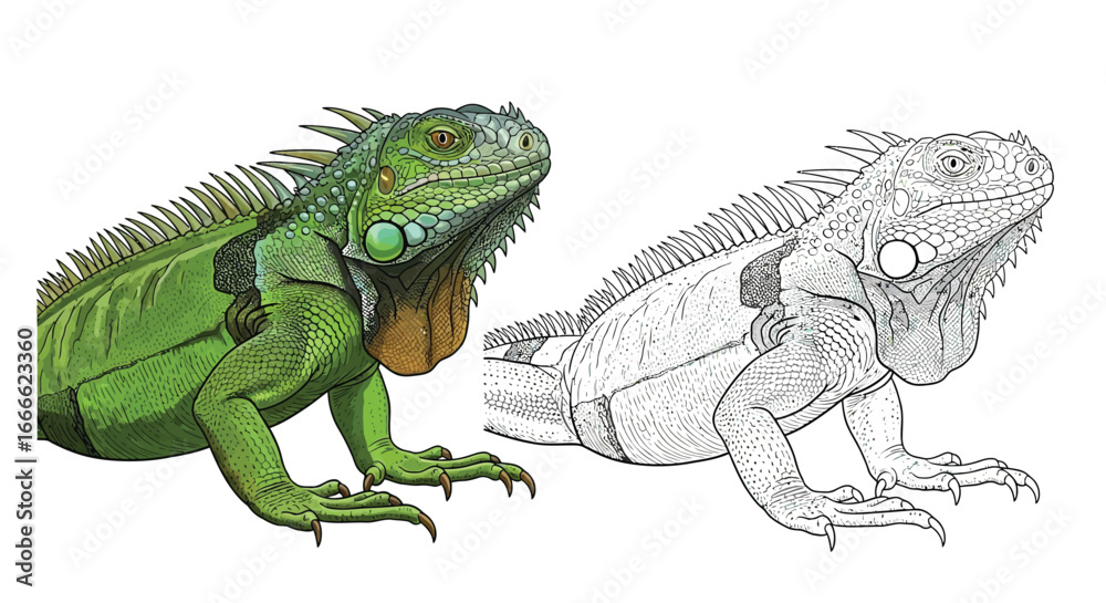 Naklejka premium Green Iguana Dual Format Coloring Page with Realistic Color and Outline Version