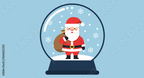 Santa in a snow globe jolly figure in a red suit holding a sack in a wintery scene snowflakes falling