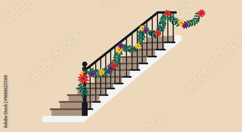 Staircase with black railing and flower garland in red yellow and purple on a beige background
