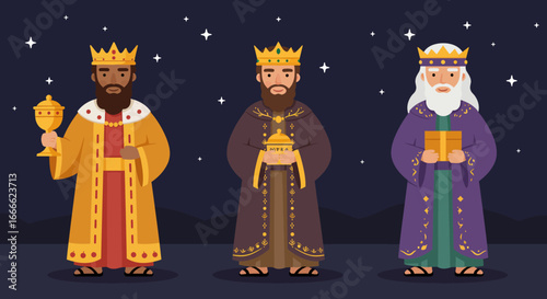 Three kings stand under a starry night each holding a gift