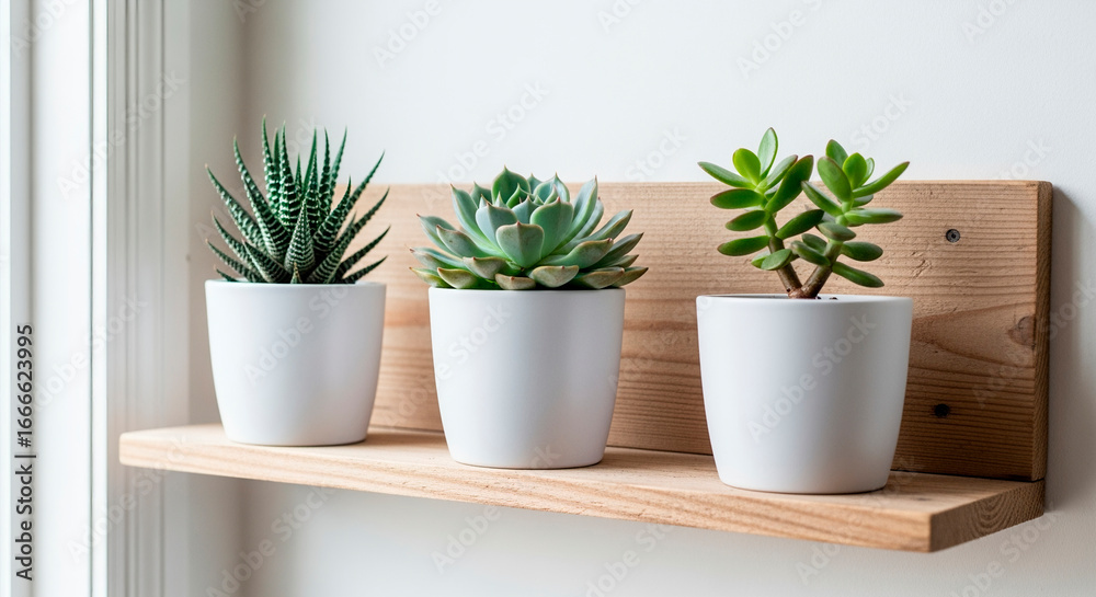 Fototapeta premium Succulent plants in white pots on wooden shelf by window, minimal decor