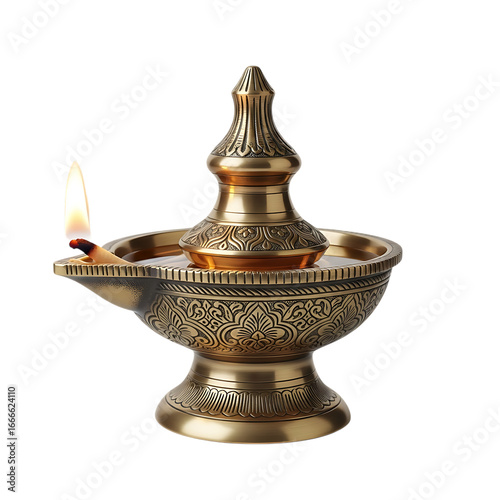 Ornate brass oil lamp lit with a flame, traditional indian diya for religious worship, isolated on transparent background