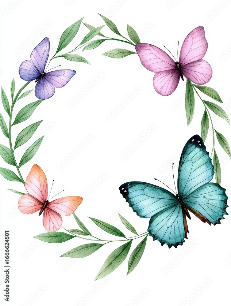Obraz premium Watercolor colorful butterflies wreath isolated butte. Vibrant aquarelle lepidoptera garland detached mesa chromatic insect assemblage artistic fauna circle decorative wing motif