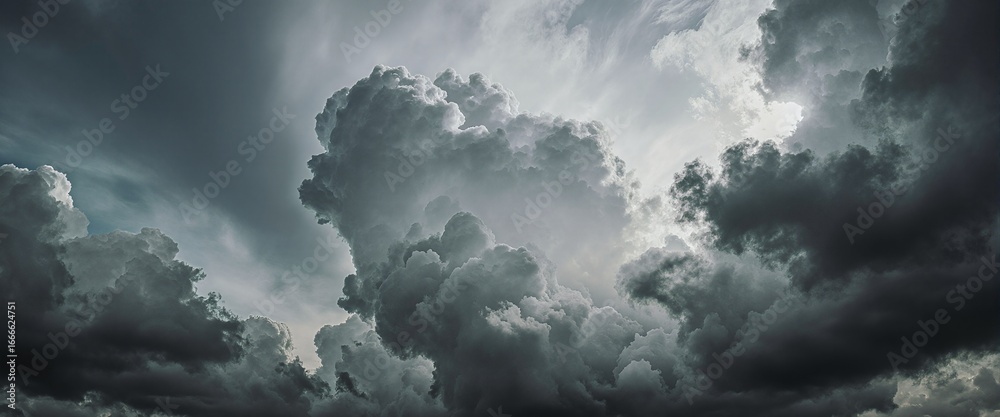 Obraz premium A dramatic sky filled with dark, billowing clouds, with sunlight piercing through, creating a striking contrast between light and shadow