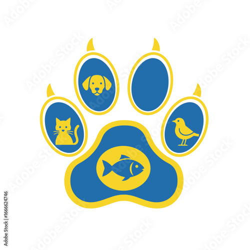A vibrant paw print logo featuring a dog, cat, bird, and fish. Represents pet care.