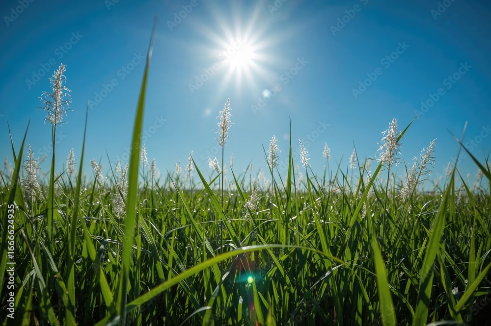 Obraz premium Scenic view of vibrant green meadow under a bright sunny sky