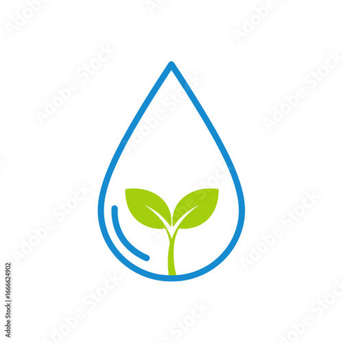 Simple graphic of a water drop containing a sprout. Represents growth, nature, and sustainability.