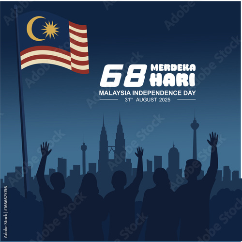 Happy 68 years Malaysia Hari Merdeka Independence Day 2025 greeting banner template with 68 logo, Kuala Lumpur skyline and national motto Malaysia Madani text. Malaysia national pride background