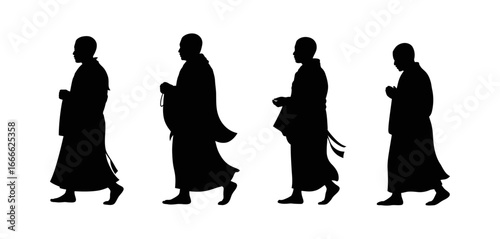 Silhouette vector of Buddhist monks walking in traditional robes | Zen monk clipart for spirituality, religion, meditation, temple, culture, peace, and Asian traditional lifestyle illustrations