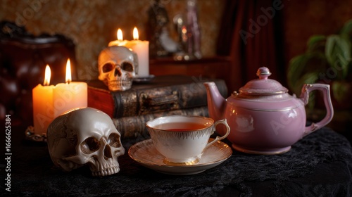 A moody scene featuring a pink teapot, a delicate tea cup, skulls, candles, and an antique book, creating a mysterious, gothic atmosphere.