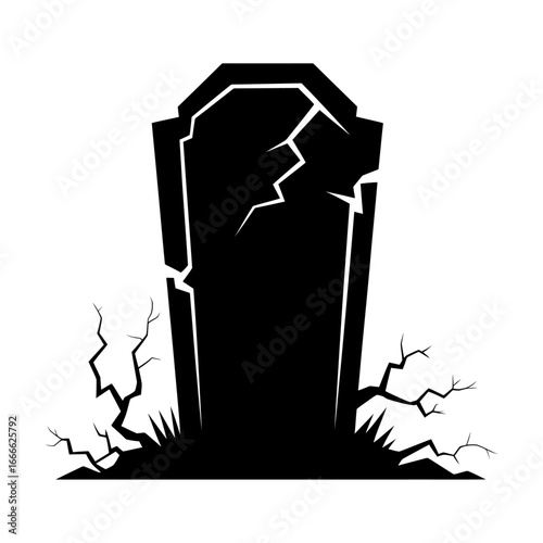 silhouette of a halloween gravestone with cracks and eerie dead tree design