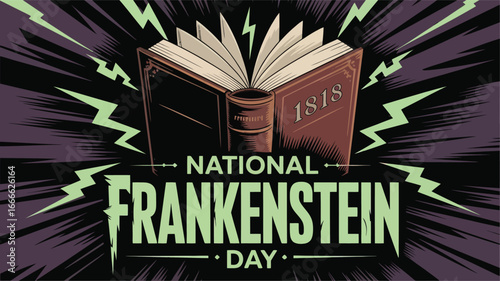 National Frankenstein Day with 1818 Book and Lightning Design