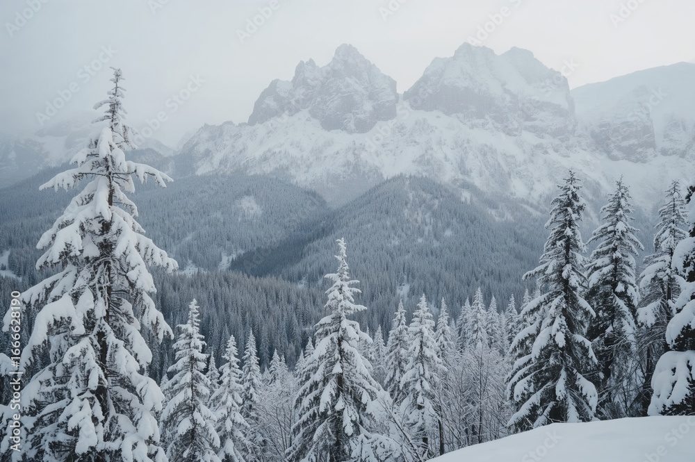 Obraz premium Snow-covered tree limbs in a chilly mountainous forest