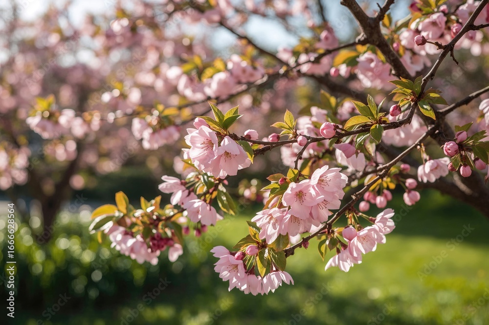 Obraz premium Pink cherry tree branches in full bloom
