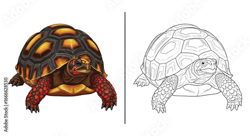 Red-Footed Tortoise and Outline Pair Coloring Page Dual Artistic Design
