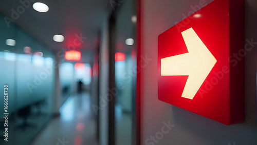 Closeup of illuminated emergency exit sign on office wall, red rectangle arrow directs safety - signage provides direction in case of fire, evacuation, safety regulations concept 