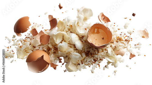 Food scraps from kitchen like eggshells, onion peels, and leftover rice background isolated on a Transparent background, PNG file.