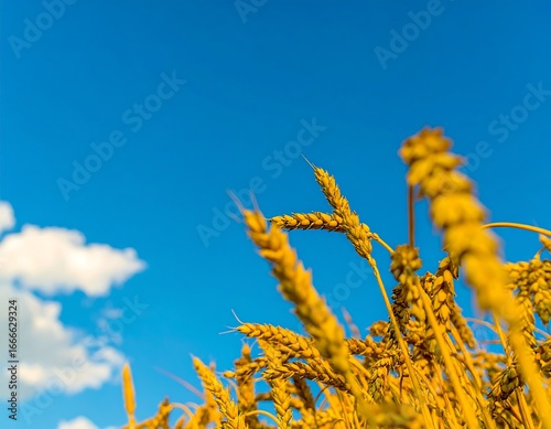 Golden wheat field against a vibrant blue sky