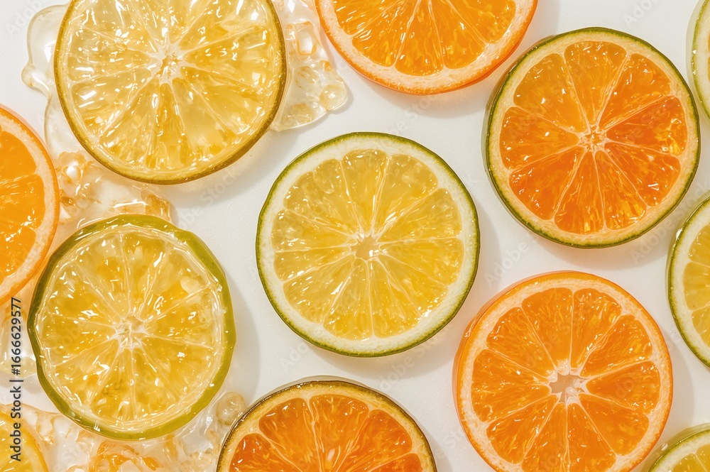 Fototapeta premium Vibrant jelly candies shaped like citrus fruit wedges on a light backdrop