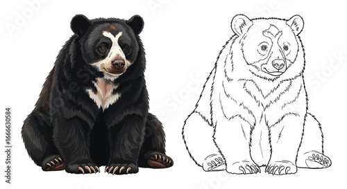 Spectacled Bear Coloring Page with Both a Full Color and Outline Companion Design
